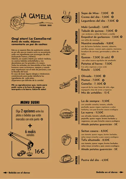menu 1 of La Camelia Vegan Bar
