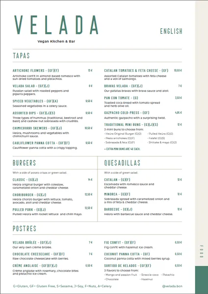 menu 1 of Velada - Vegan Tapas and Cocktails