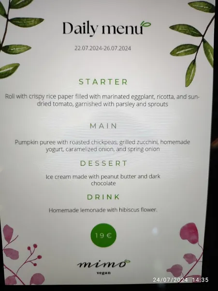 menu 1 of MIMO Vegan