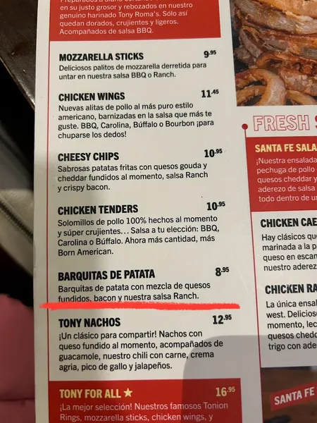 menu 0 of Tony Roma's