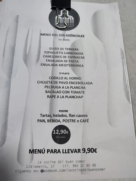 menu 1 of La Cocina Del Buen Comer
