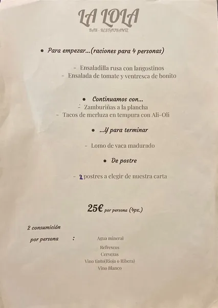 menu 2 of Restaurante La Lola