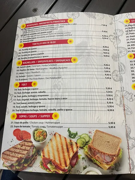 menu 2 of El Pizzero