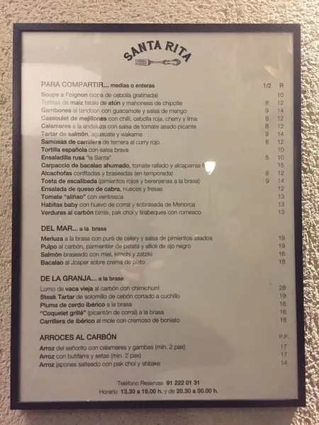 menu 2 of Santa Rita Madrid