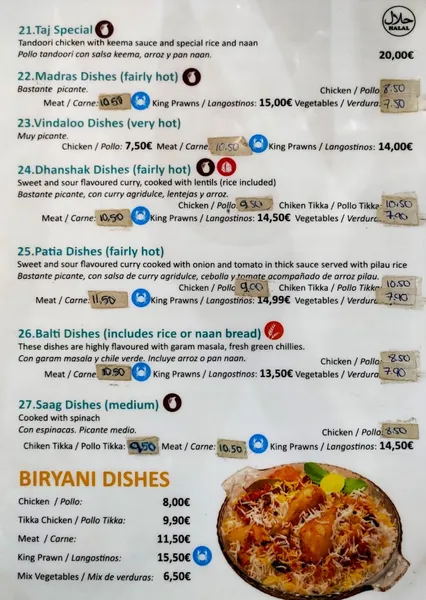 menu 1 of Taj Tandoori y Vegano