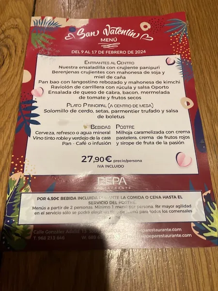 menu 2 of Pepa Restaurante Murcia