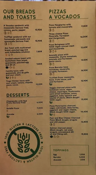 menu 1 of A Vocados - Gluten Free Restaurant