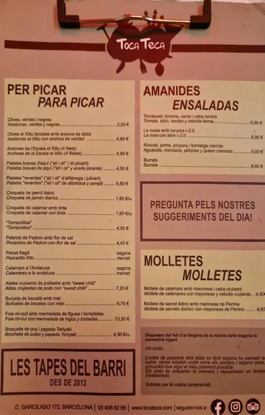 menu 0 of TocaTeca Barcelona