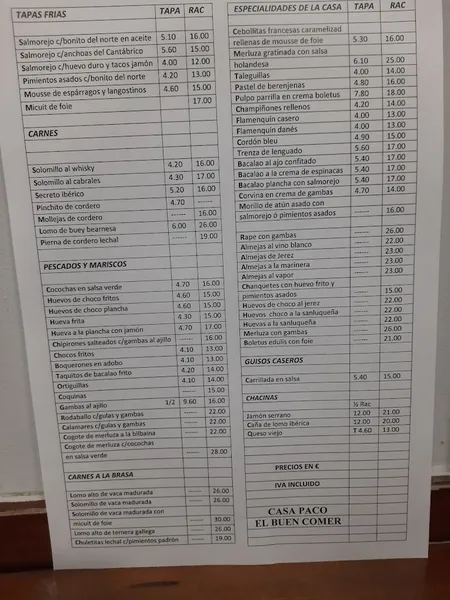 menu 0 of Casa Paco El Buen Comer