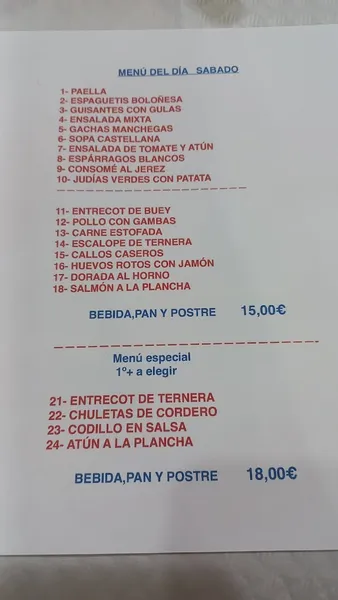 menu 0 of La Cueva de Antolín