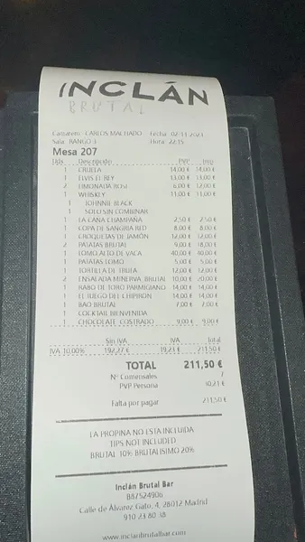 menu 1 of Restaurante-Coctelería Inclán Brutal Bar