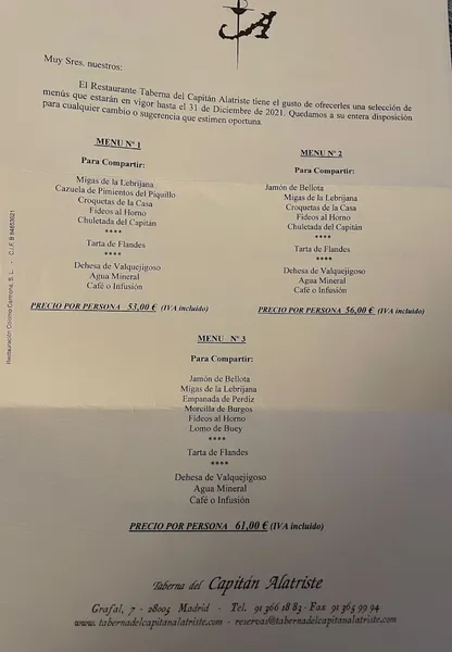 menu 1 of Taberna del Capitán Alatriste