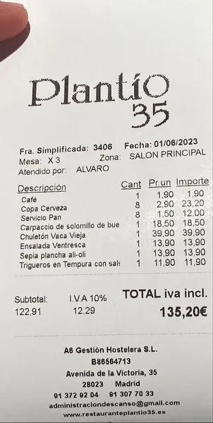 menu 0 of Restaurante Plantío 35