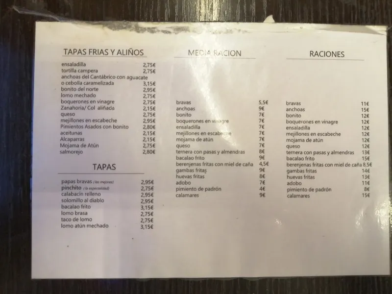 menu 2 of Bar Salomón Rey de los Pinchitos