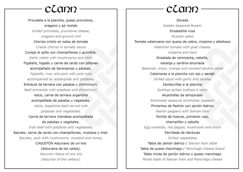 menu 0 of CLANN BAR TAPAS