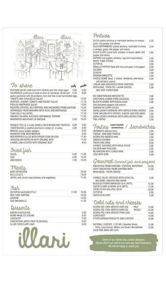 menu 1 of Illari Vinos y Tapas