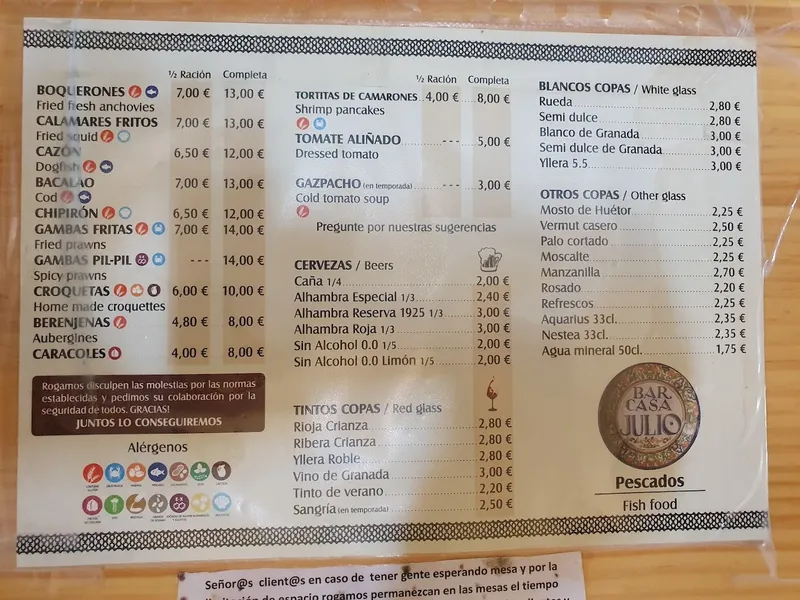 menu 0 of Bar Casa Julio 1947
