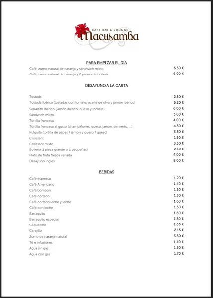 menu 0 of Café Bar & Lounge Macusamba