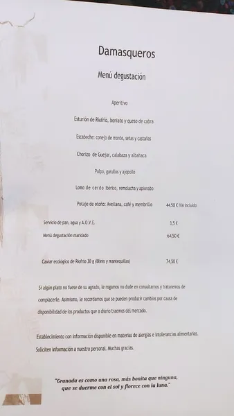 menu 0 of Damasqueros | Lola Marín | Restaurante en Granada