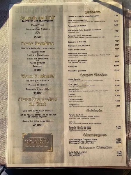 menu 1 of Restaurant La Chapelle (La Trattoria)