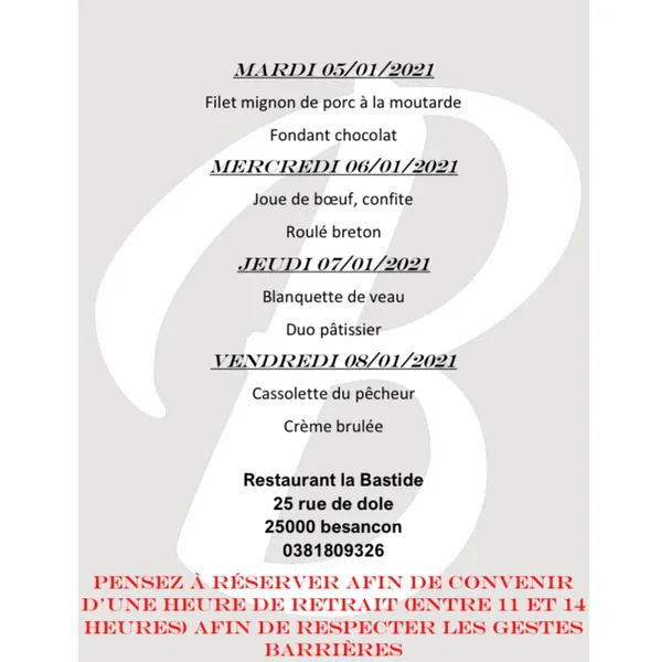 menu 1 of La Bastide