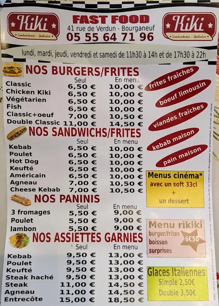 menu 2 of Kiki, Sandwicherie - Grillades