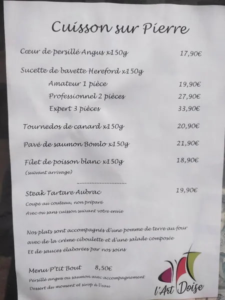 menu 0 of L'Art'Doise - Cuisson sur pierre