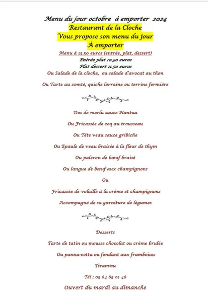 menu 0 of Restaurant De La Cloche