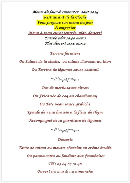 menu 1 of Restaurant De La Cloche