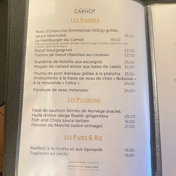 menu 0 of Brasserie Le Carnot
