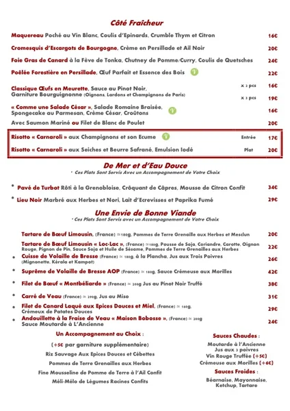 menu 0 of Le Pré aux Clercs