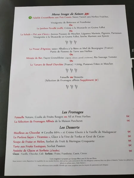 menu 1 of Le Pré aux Clercs
