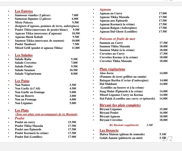 menu 0 of RESTAURANT JAIPUR (Proche place Wilson et Rue Coupé de Longvic)