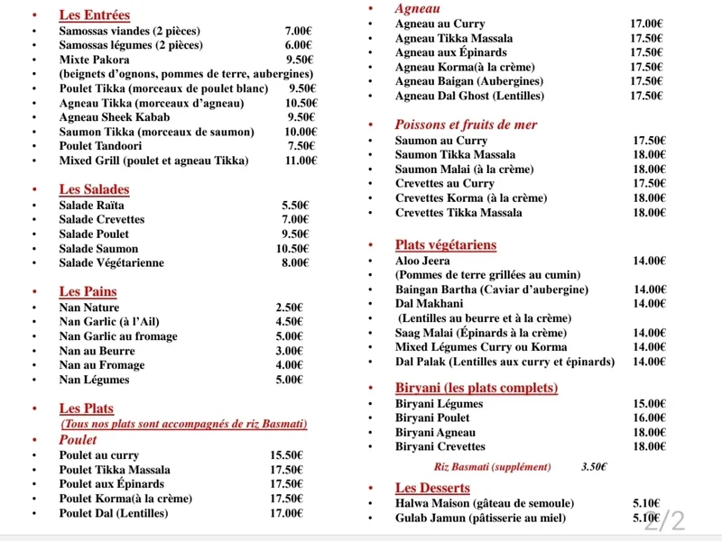 menu 0 of RESTAURANT JAIPUR (Proche place Wilson et Rue Coupé de Longvic)