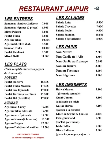 menu 1 of RESTAURANT JAIPUR (Proche place Wilson et Rue Coupé de Longvic)