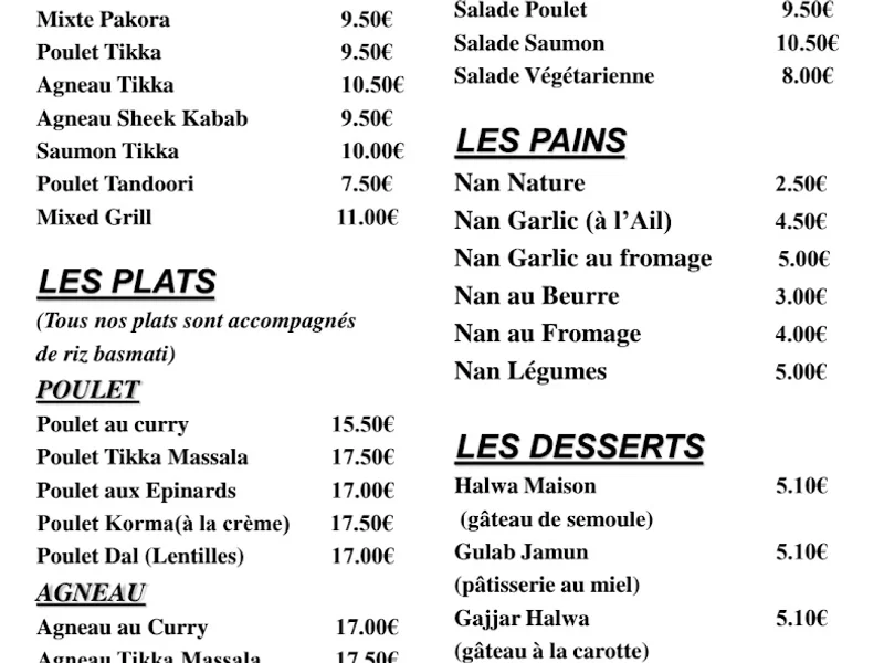 menu 1 of RESTAURANT JAIPUR (Proche place Wilson et Rue Coupé de Longvic)