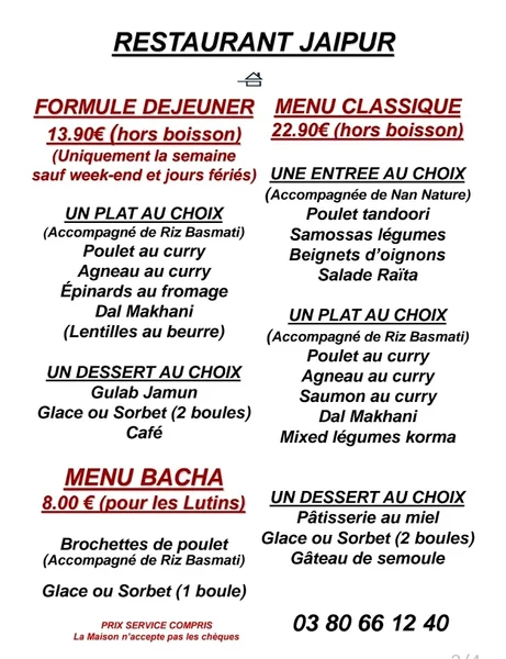 menu 2 of RESTAURANT JAIPUR (Proche place Wilson et Rue Coupé de Longvic)