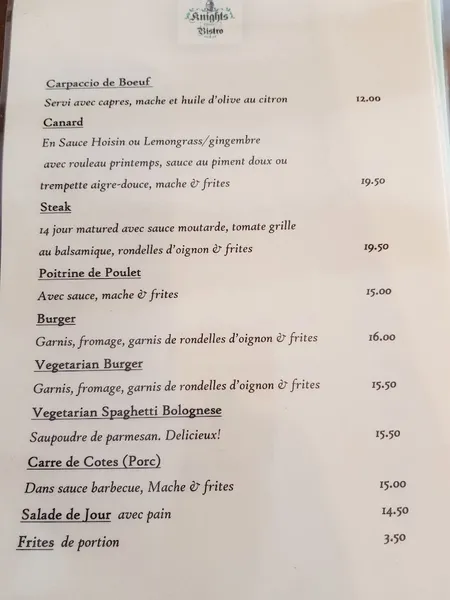 menu 0 of Chevaliers Bistro