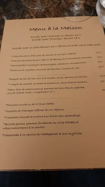 menu 1 of Restaurant À la maison