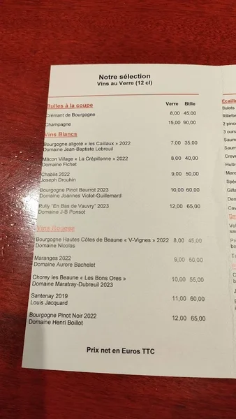 menu 1 of La Part des Anges