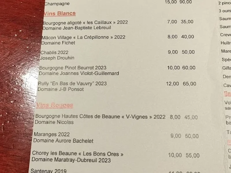 menu 1 of La Part des Anges