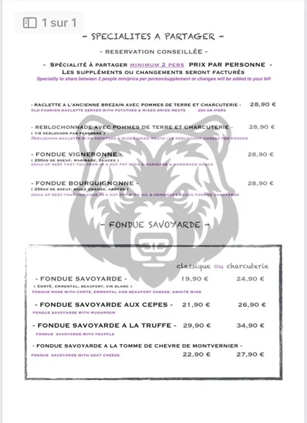 menu 1 of La Fontaine de L’Ours
