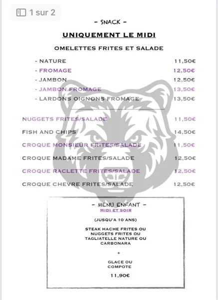 menu 2 of La Fontaine de L’Ours