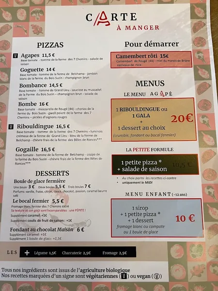 menu 0 of Pizzéria Agapè | Pizzas bio et locales