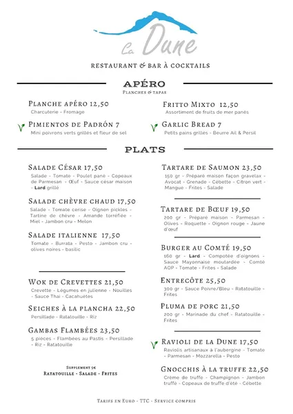 menu 1 of La Dune Restaurant