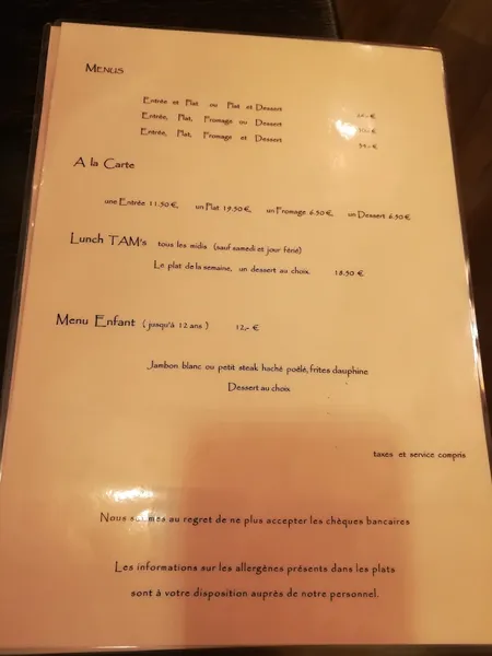 menu 0 of TAM's restaurant