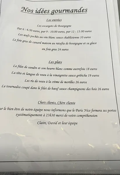 menu 1 of Hotel Restaurant Salle de réunion Logis le Paris Nice