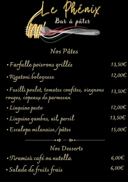 menu 0 of Le Phénix bar à pâtes