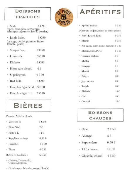 menu 0 of Restaurant Le Petit Paris