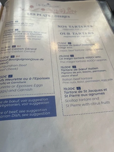 menu 2 of Bar Brasserie restaurant Au Grand Café Dijon